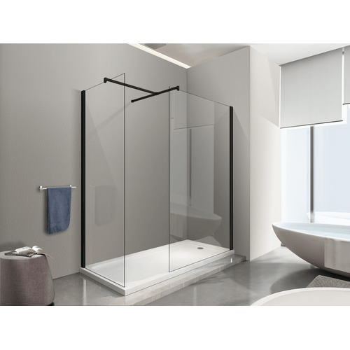 Box Per Doccia Angolare tipo walk-in h 200 8MM Con Vetri Trasparenti Telaio Nero Opaco - 90X90 REVERSIBILE