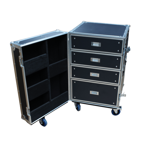 PROEL STAGE Custodia professionale con 4 capienti cassetti, con guide scorrevoli in acciaio. Ruote industriali da 100 mm di colore blue (2 con freno) che vengono fornite smontate. Coperchio asportabile.
