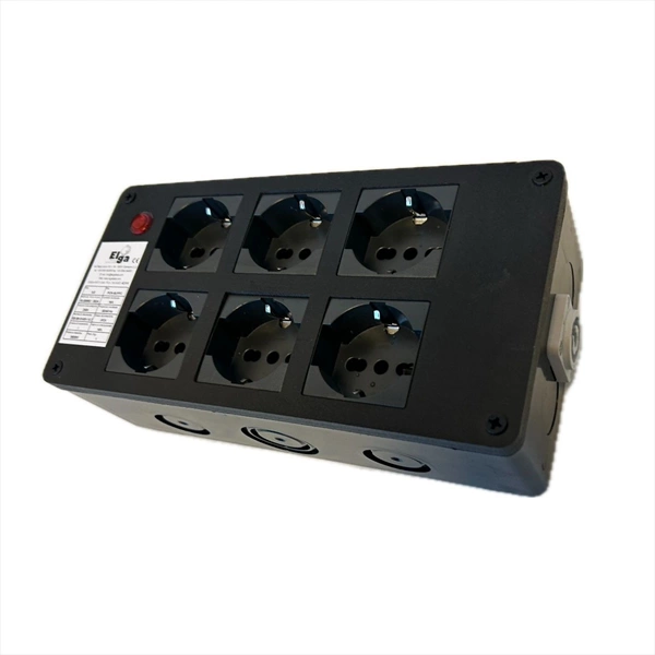 ELGA PCN-6UPPC POWERBOX PASSANTE NEUTRIK POWERCON IN BLU CON 6 PRESE UNEL 10A-16A-SHUKO RILANCIO OUT GRIGIO E SPIA DI RETE