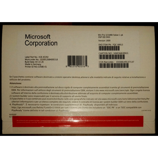 Microsoft Windows 10 Pro 64 Bit – Chiave Di Attivazione + DVD Di Installazione
