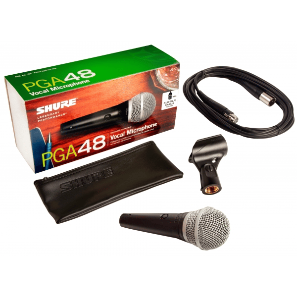 SHURE CENTRE SHURE PGA48XLRE MICROFONO DINAMICO CARDIOIDE VOCE + CUSTODIA + PINZA A25D + CAVO XLR 4,6 M.