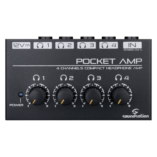 SOUNDSATION Mini amplificatore stereo per cuffie a 4 canali con alimentatore. Modello POCKET-AMP