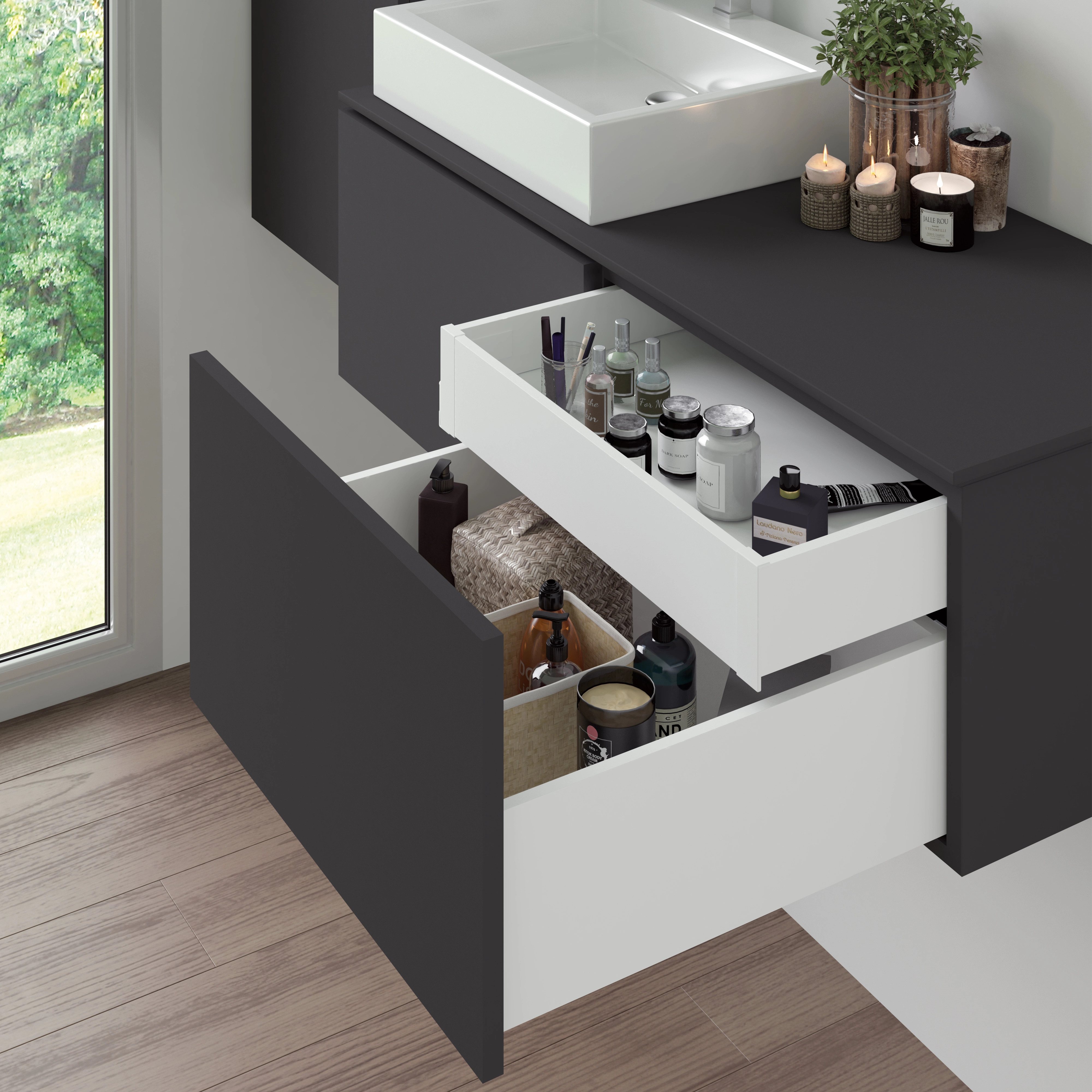 Kit Cassetto Cucina/Bagno Emuca - Guide Estrazione Totale Soft Close, Grigio Antracite, Per Modulo 600 Mm
