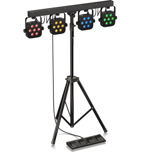STAIRVILLE STAGE TRI LED BUNDLE COMPLETE 4 PAR LED SU BARRA-T CON STATIVO PEDALIERA A 4 INTERRUTTORI E BORSA