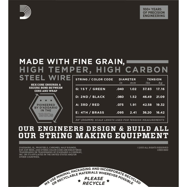 D'ADDARIO Bass Guitar Strings, Light, 40-95, Long Scale. Modello ECB80