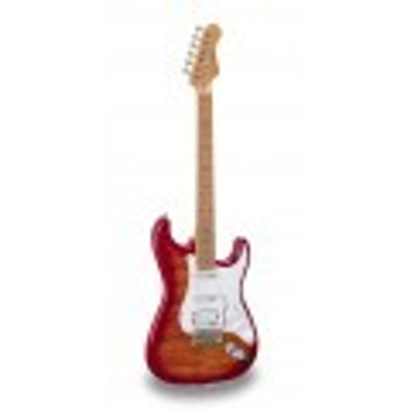 SOUNDSATION Chitarra elettrica double cutaway con 2 single coil + humbucker splittabile e meccaniche autobloccanti (equipaggiata Wilkinson, tastiera e manico in acero roasted, top fiammato). Modello RIDER-DELUXE-M ACSB
