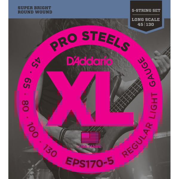 D'ADDARIO 5-String ProSteels Bass Guitar Strings, Light, 45-130, Long Scale. Modello EPS170-5