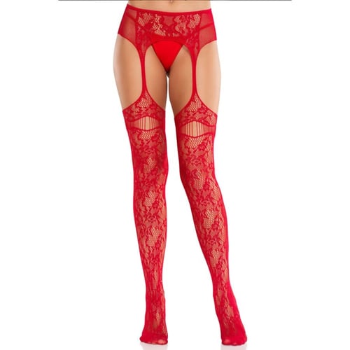 LEG AVENUE - BAS EN DENTELLE AVEC JARRETELLES ROUGES