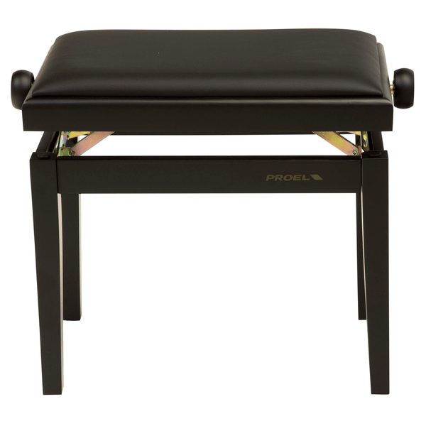 PROEL STAGE Panca professionale regolabile in legno per piano ed organo. Telaio Nero opaco. Cuscino imbottito con rivestimento in similpelle nera.