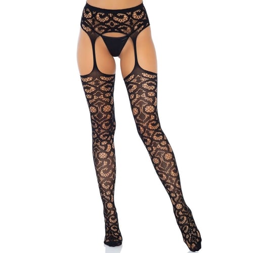LEG AVENUE SCROLL PIZZO REGGISERINA CINTURA CALZE TAGLIA UNICA