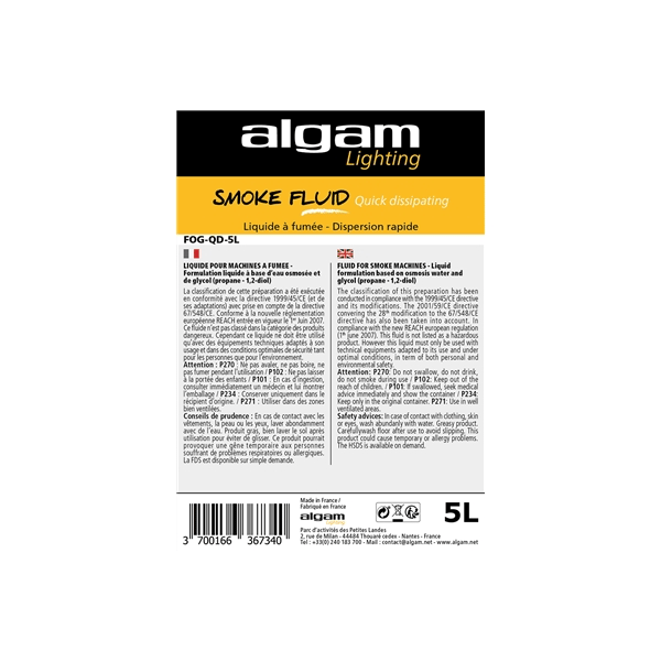 Algam Lighting FOG-QD-5L Liquido Fumo Dispersione Rapida Effetto CO2 5L