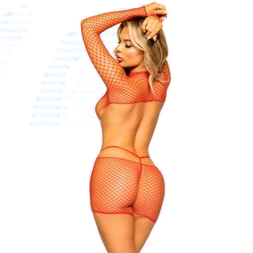 LEG AVENUE DRESSES LEG AVENUE - MINIABITOIN RETE MANICHE LUNGHE TAGLIA UNICA - ROSSO