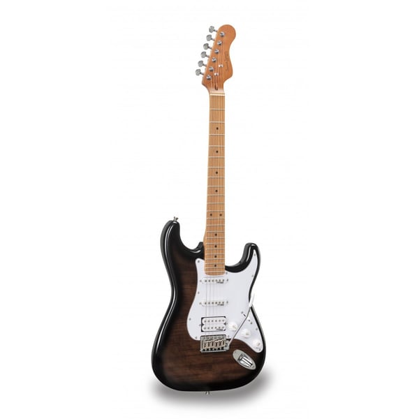 SOUNDSATION Chitarra elettrica double cutaway con 2 single coil + humbucker splittabile e meccaniche autobloccanti (equipaggiata Wilkinson, tastiera e manico in acero roasted, top fiammato). Modello RIDER-DELUXE-M TRBK