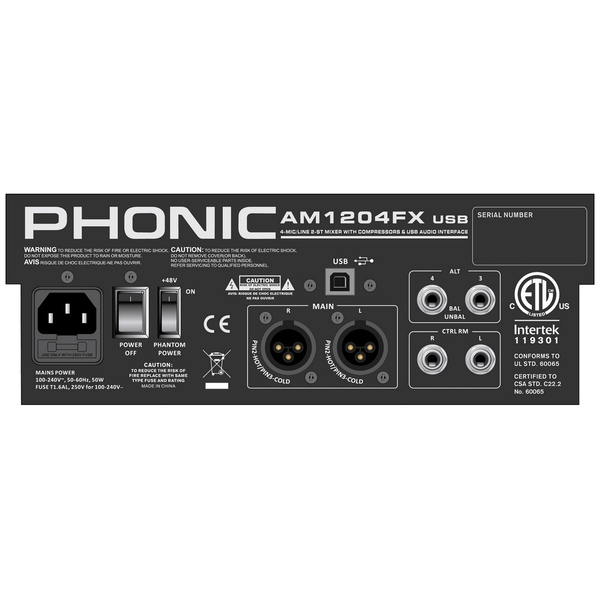 PHONIC AM1204FX MIXER 8 CANALI CON EFFETTI DIGITALI PHANTOM 48 V SLIDER STEREO 60MM EX-DEMO