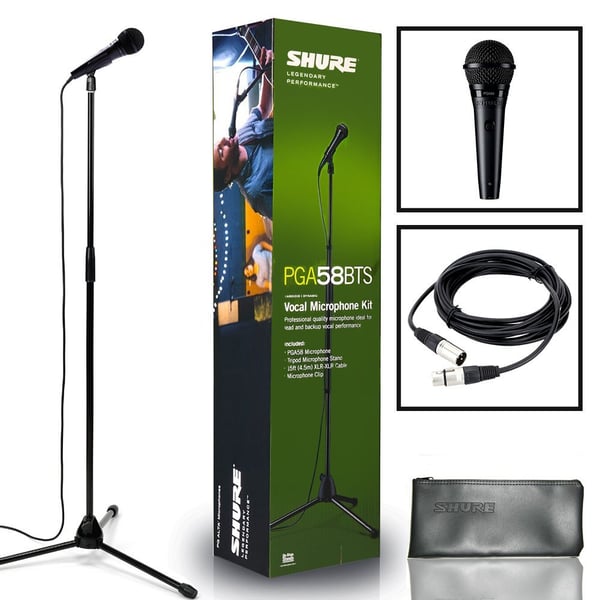 SHURE CENTRE SHURE PGA58BTS KIT MICROFONO VOCE PGA58 + CAVO XLR MASCHIO XLR FEMMINA 4,5MT + ASTA MICROFONICA BUNDLE