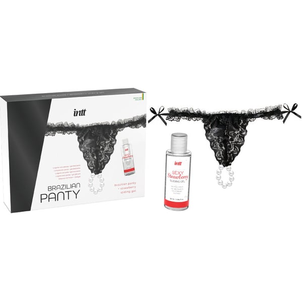 INTT - CULOTTE BRÉSILIENNE NOIRE AVEC PERLES ET GEL LUBRIFIANT 50ML