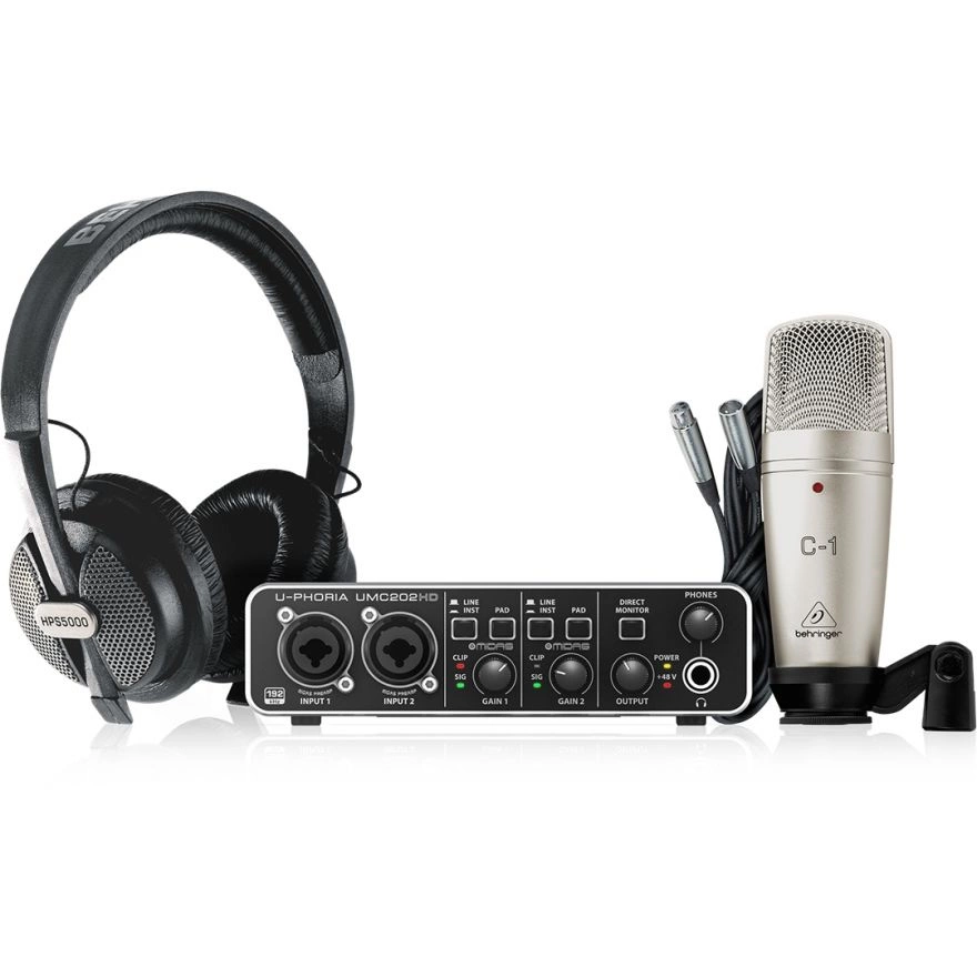 BEHRINGER U-PHORIA STUDIO PRO KIT REGISTRAZIONE INTERFACCIA AUDIO USB  UMC202HD MICROFONO A CONDENSATORE C1 CUFFIA HPS5000