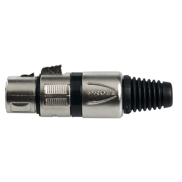 PROEL STAGE Presa volante XLR professionale 3 poli, pinza interna in nylon con molla terminale in PVC. Colore: Argento con anello nero.