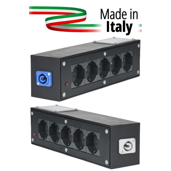 EXTREME POWER-BOX NERO CIABATTA ALIMENTAZIONE PALCO MADE IN ITALY SPIA RETE INGRESSO NEUTRIK POWERCON BLU 20A 3P POWER-IN USCITE 5 SCHUKO LOOP 20A POWER-OUT GREY