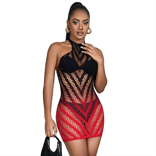 SUBBLIME - 952242 ROTER UND SCHWARZER BODYSTOCKING AUS ELASTISCHEM NETZ MIT ABGESCHNITTENEM DEGRAD EINE GRÖSSE