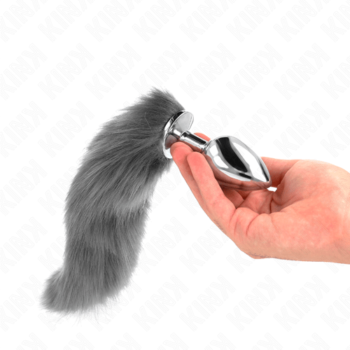 KINK PLEASURE PLUGS KINK - PLUG ANALE L 10 X 4 CM CON CODA SINTETICA 40 CM GRIGIO E BIANCO