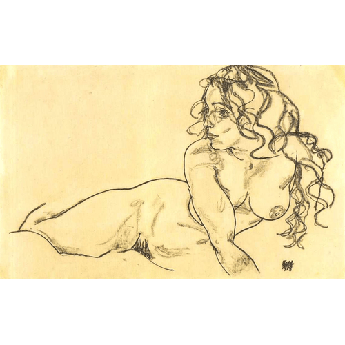 Egon Schiele Nudo femminile appoggiato con capelli lunghi