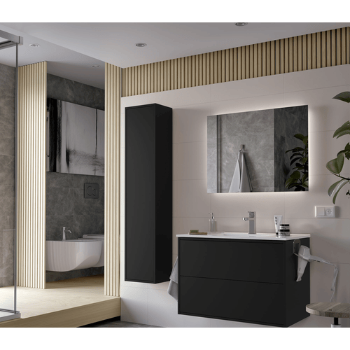 Mobile bagno sospeso cannettato 165 cm profondo 51 cm rovere con pensili a  sx e specchio 