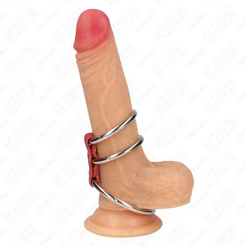 KINK RING POWER KINK - ANELLO PER PENE IN TRIPLO METALLO DA 3,7 CM A 5 CM COLLEGATO CON PELLE ROSSA