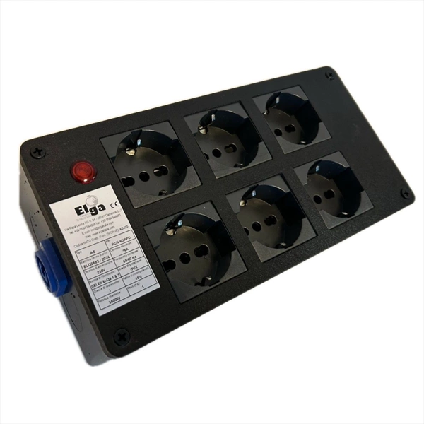 ELGA PCN-6UPPC POWERBOX PASSANTE NEUTRIK POWERCON IN BLU CON 6 PRESE UNEL 10A-16A-SHUKO RILANCIO OUT GRIGIO E SPIA DI RETE