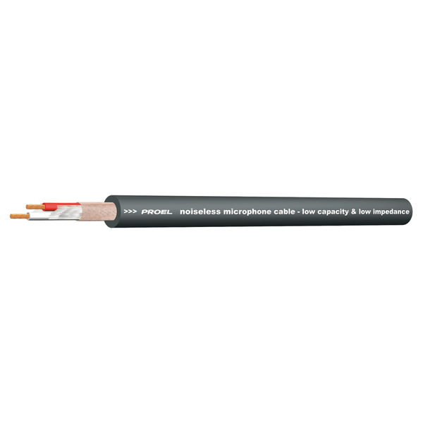 PROEL STAGE Cavo bilanciato professionale per microfono con guaina esterna flessibile - O.F.C. (Oxygen Free Copper - Sezione 2 x 0,22 mm2). Colore nero. Bobina in legno da 300 m.