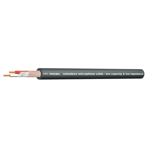 PROEL STAGE Cavo bilanciato professionale per microfono con guaina esterna flessibile - O.F.C. (Oxygen Free Copper - Sezione 2 x 0,22 mm2). Colore nero. Bobina in legno da 500 m.