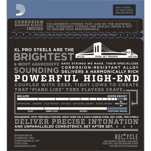 D'ADDARIO 5-String ProSteels Bass Guitar Strings, Light, 45-130, Long Scale. Modello EPS170-5