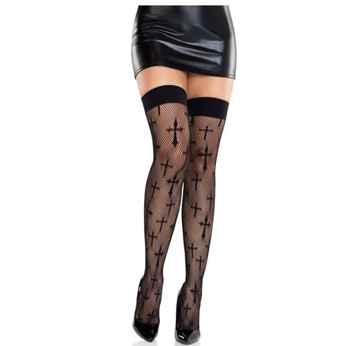 LEG AVENUE - MEDIAS WORSHIP ME DE ENCAJE NEGRO