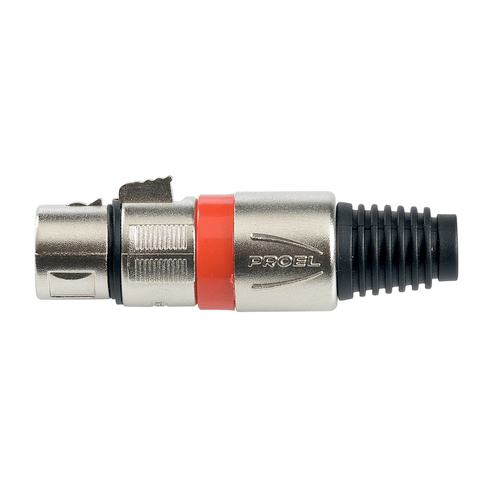 PROEL STAGE Presa volante XLR professionale 3 poli, pinza interna in nylon con molla terminale in PVC. Colore: Argento con anello rosso.
