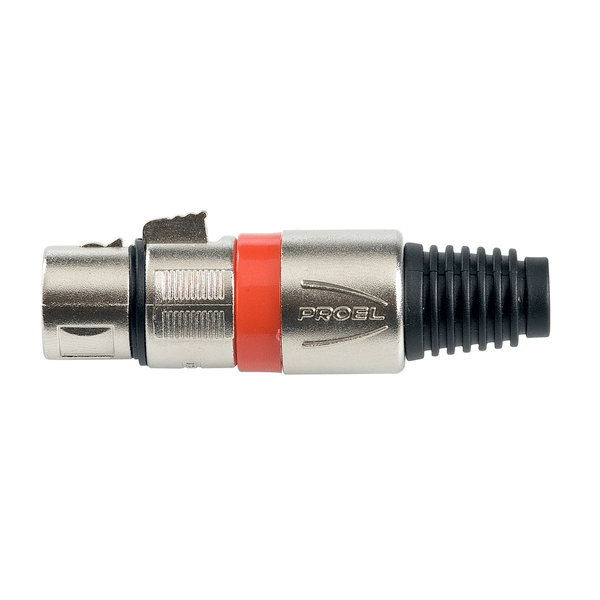 PROEL STAGE Presa volante XLR professionale 3 poli, pinza interna in nylon con molla terminale in PVC. Colore: Argento con anello rosso.