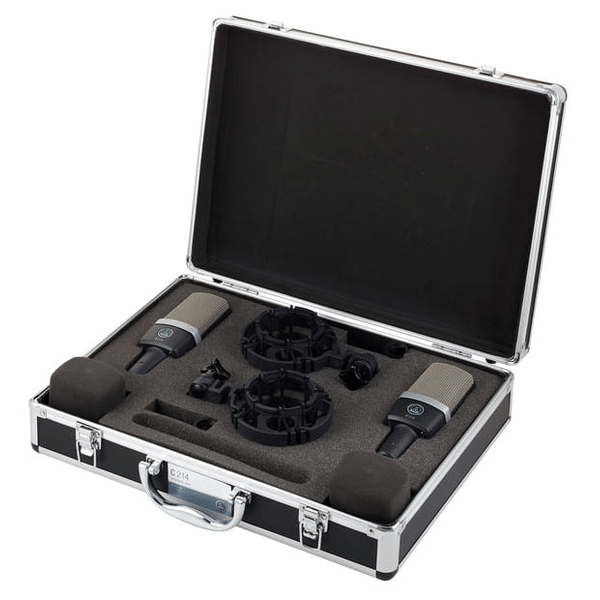AKG ACOUSTIC AKG C214 SET 2 MICROFONI STUDIO E LIVE A CONDENSATORE LARGO DIAFRAMMA VOCE E STRUMENTI + SOSPENSIONE A RAGNO + CUSTODIA IN METALLO + ADATTATORE E SUPPORTI